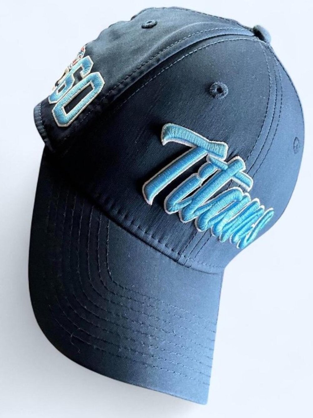 Tennessee Titans Spellout NFL 100 New Era Navy Baby Blue Fitted Hat (M/L)
